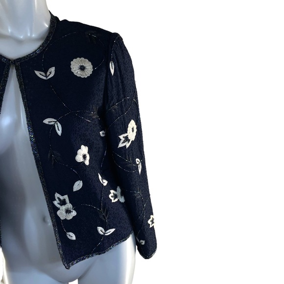 Adrianna Papell Vintage Silk Evening Beaded Navy Blue Embroidered Jacket SZ P10 - Picture 5 of 8